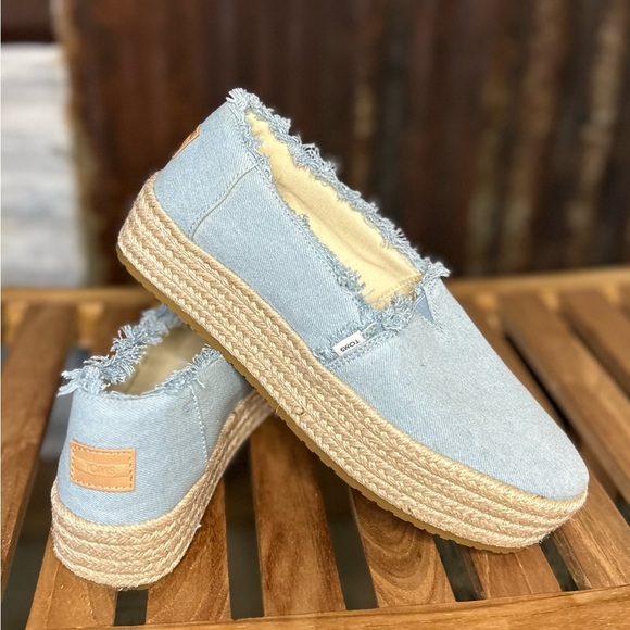 Toms Shoes - NWOT- TOMS Women’s Espadrille Slip on Shoes Light Blue Denim Frayed Edges